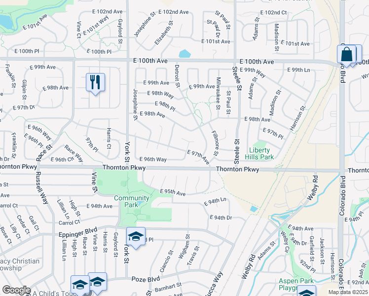 map of restaurants, bars, coffee shops, grocery stores, and more near 2754 East 97th Avenue in Thornton