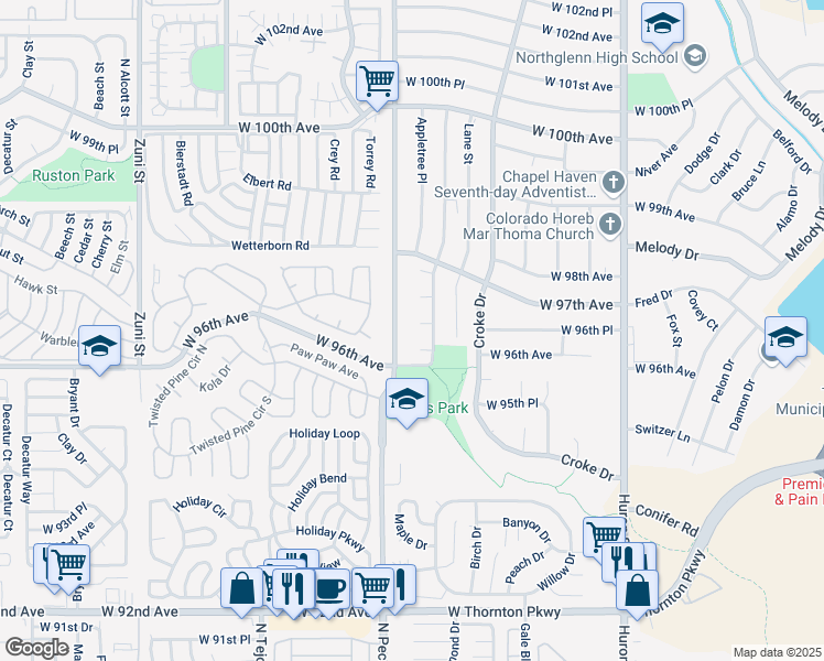 map of restaurants, bars, coffee shops, grocery stores, and more near 9621 Orangewood Drive in Thornton