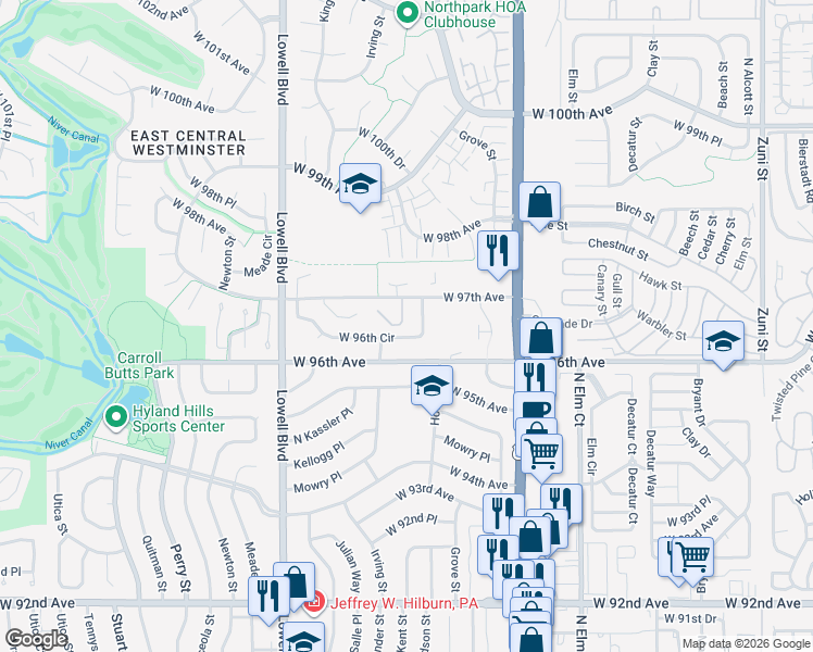 map of restaurants, bars, coffee shops, grocery stores, and more near 3286 West 96th Circle in Westminster