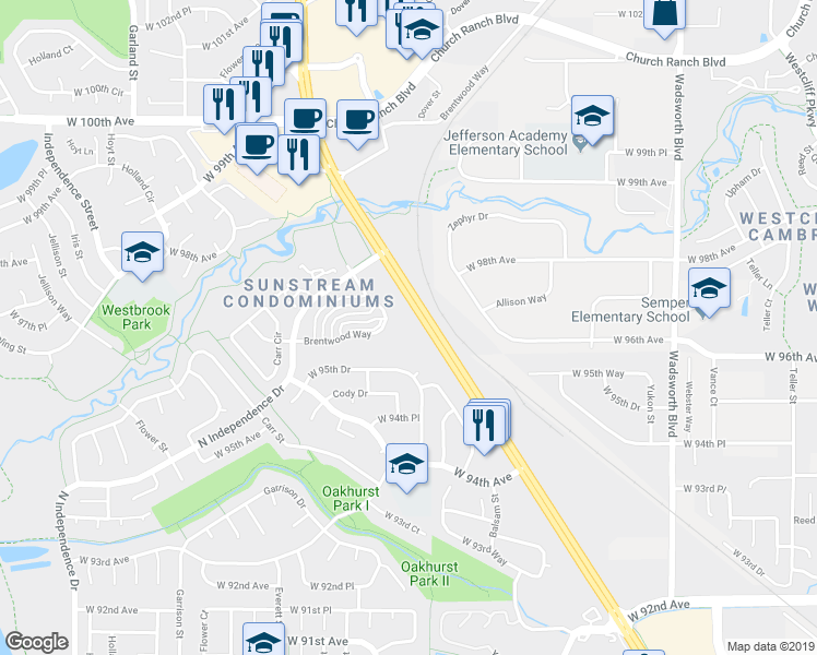 map of restaurants, bars, coffee shops, grocery stores, and more near 9662 Brentwood Way in Westminster