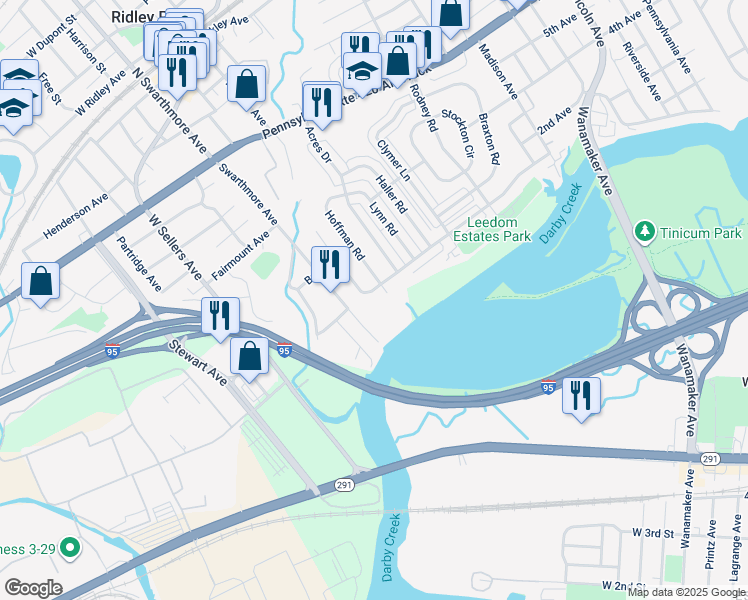 map of restaurants, bars, coffee shops, grocery stores, and more near 241 Stoney Hill Road in Ridley Park