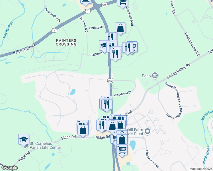 map of restaurants, bars, coffee shops, grocery stores, and more near 1785 Wilmington Pike in Glen Mills