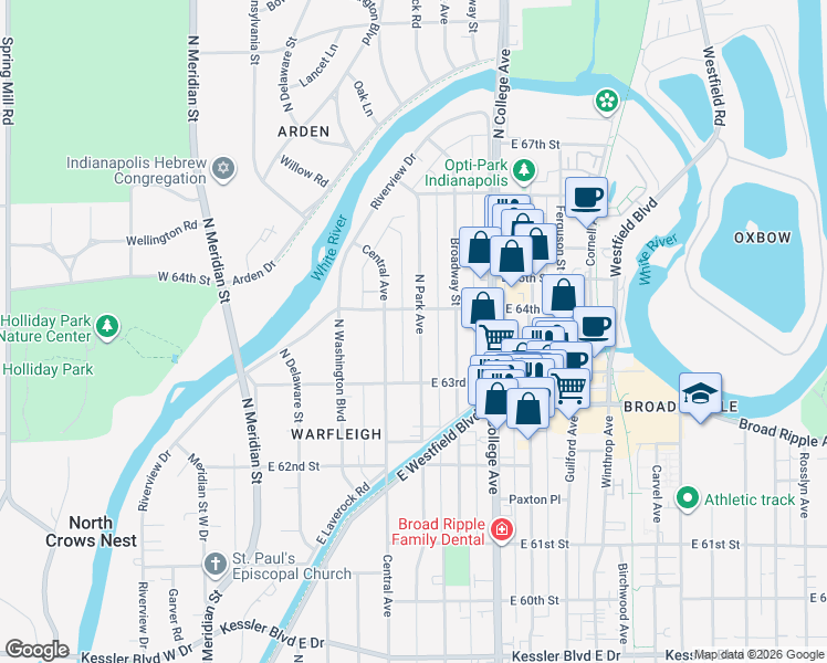 map of restaurants, bars, coffee shops, grocery stores, and more near 6348 North Park Avenue in Indianapolis
