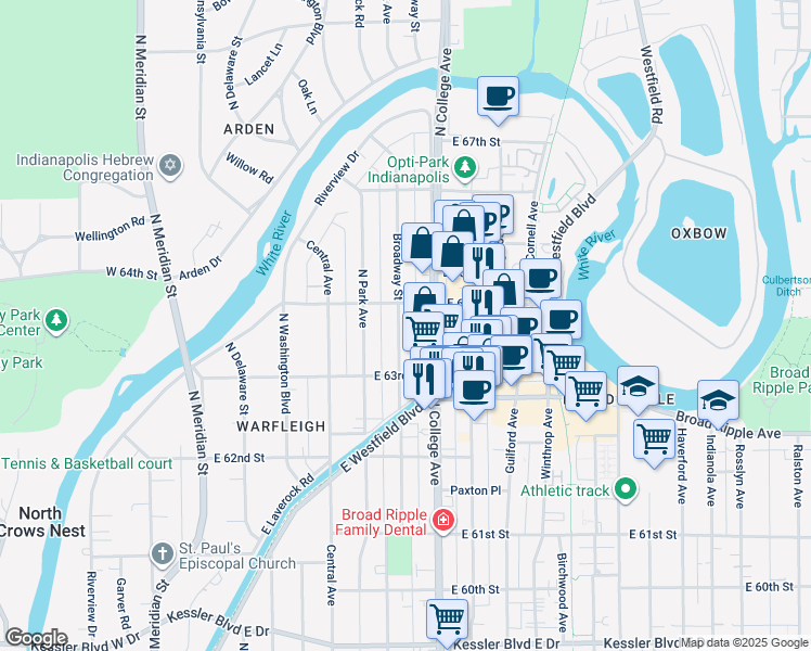 map of restaurants, bars, coffee shops, grocery stores, and more near 6332 Broadway Street in Indianapolis