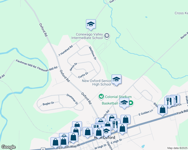 map of restaurants, bars, coffee shops, grocery stores, and more near 295 Matthew Drive in New Oxford
