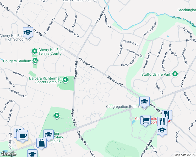 map of restaurants, bars, coffee shops, grocery stores, and more near 513 Chanticleer in Cherry Hill