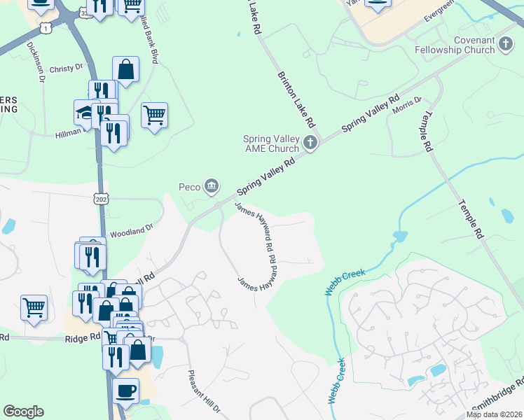 map of restaurants, bars, coffee shops, grocery stores, and more near 4 James Hayward Road in Glen Mills