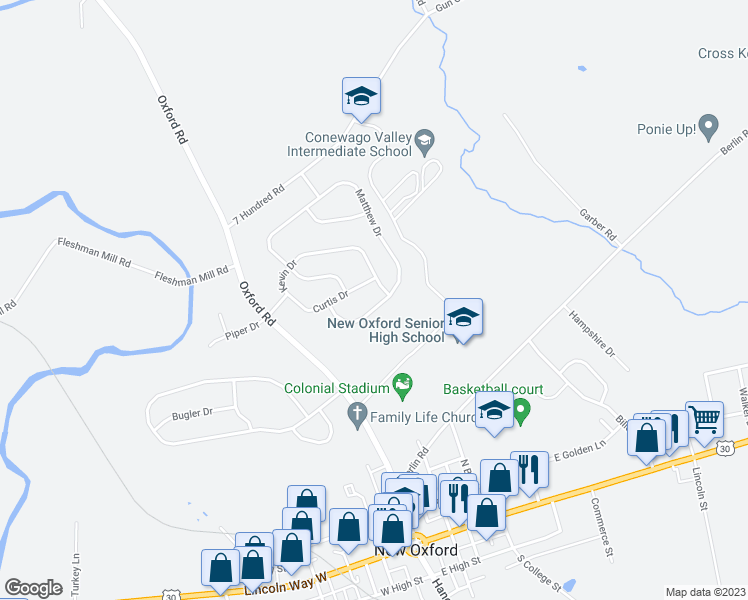 map of restaurants, bars, coffee shops, grocery stores, and more near 295 Matthew Drive in New Oxford