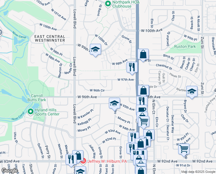 map of restaurants, bars, coffee shops, grocery stores, and more near 3286 West 96th Circle in Westminster