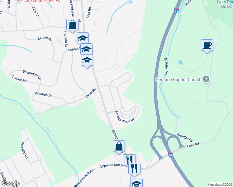 map of restaurants, bars, coffee shops, grocery stores, and more near 7485 Seneca Ridge Drive in York