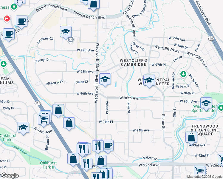map of restaurants, bars, coffee shops, grocery stores, and more near 7575 West 96th Avenue in Westminster