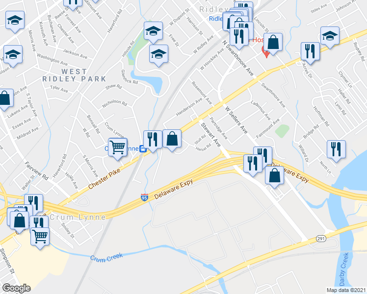 map of restaurants, bars, coffee shops, grocery stores, and more near 48 Collier Circle in Ridley Park