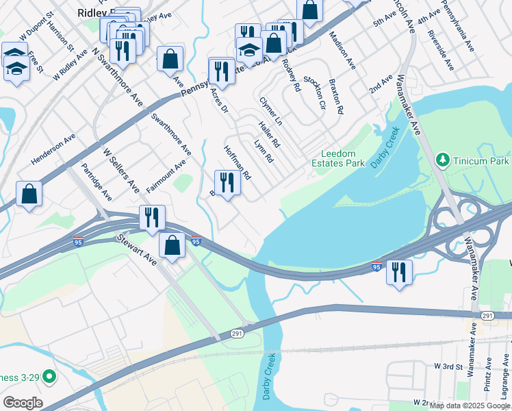 map of restaurants, bars, coffee shops, grocery stores, and more near 241 Stoney Hill Road in Ridley Park