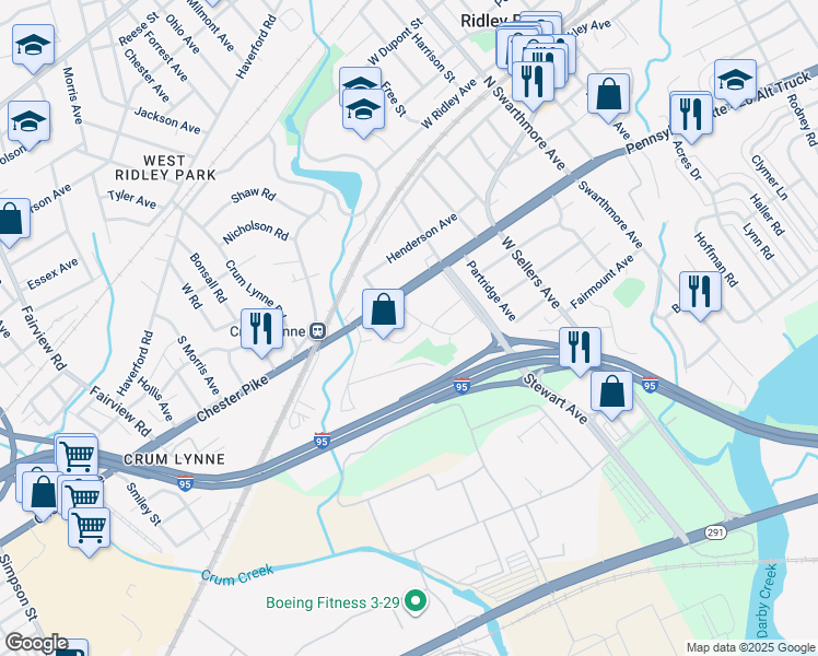 map of restaurants, bars, coffee shops, grocery stores, and more near 48 Collier Circle in Ridley Park