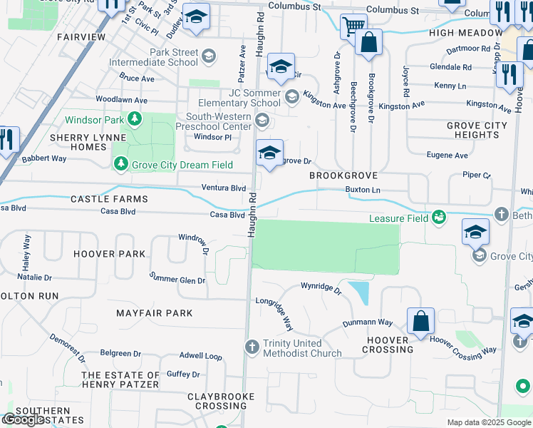map of restaurants, bars, coffee shops, grocery stores, and more near 3054 Mulberry Court in Grove City
