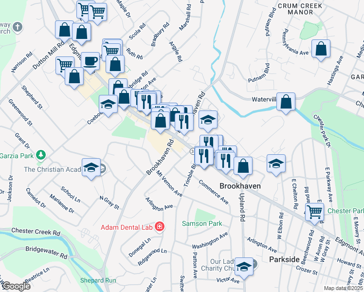 map of restaurants, bars, coffee shops, grocery stores, and more near 3900 Edgmont Avenue in Brookhaven