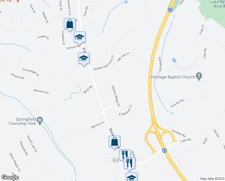 map of restaurants, bars, coffee shops, grocery stores, and more near 7485 Seneca Ridge Drive in York
