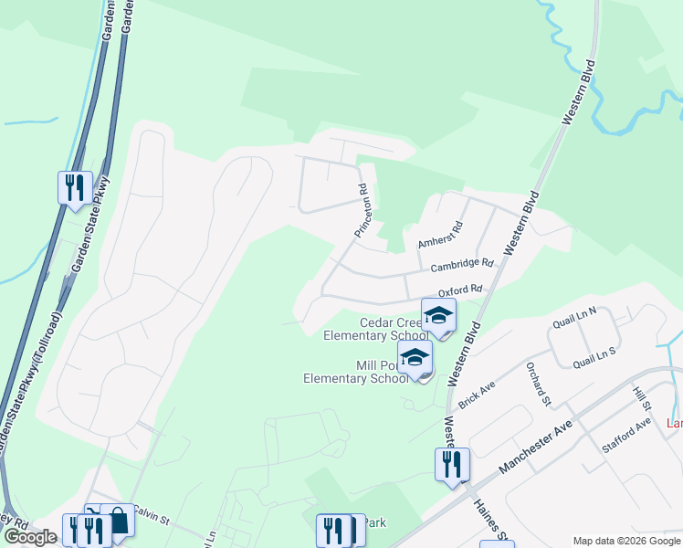 map of restaurants, bars, coffee shops, grocery stores, and more near 736 Oxford Road in Lacey Township