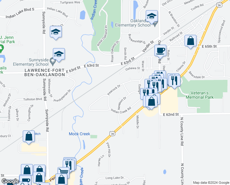 map of restaurants, bars, coffee shops, grocery stores, and more near 11593 Peacock Drive in Indianapolis