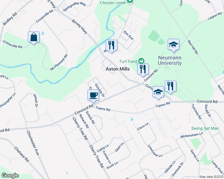 map of restaurants, bars, coffee shops, grocery stores, and more near 17 Colonial Way in Aston