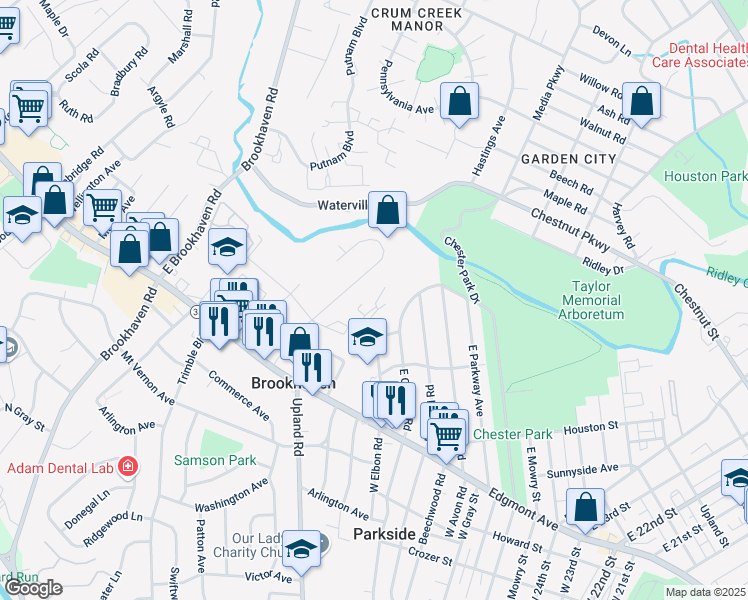 map of restaurants, bars, coffee shops, grocery stores, and more near 76 Park Valley Lane in Brookhaven