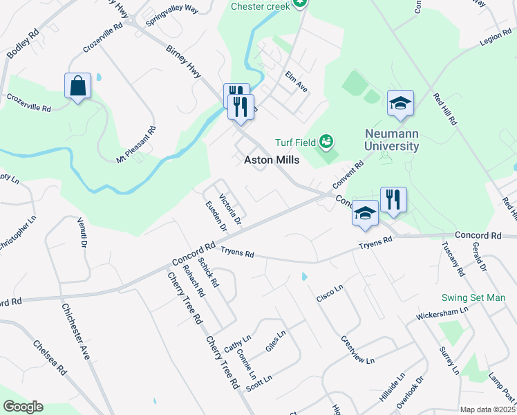 map of restaurants, bars, coffee shops, grocery stores, and more near 17 Colonial Way in Aston