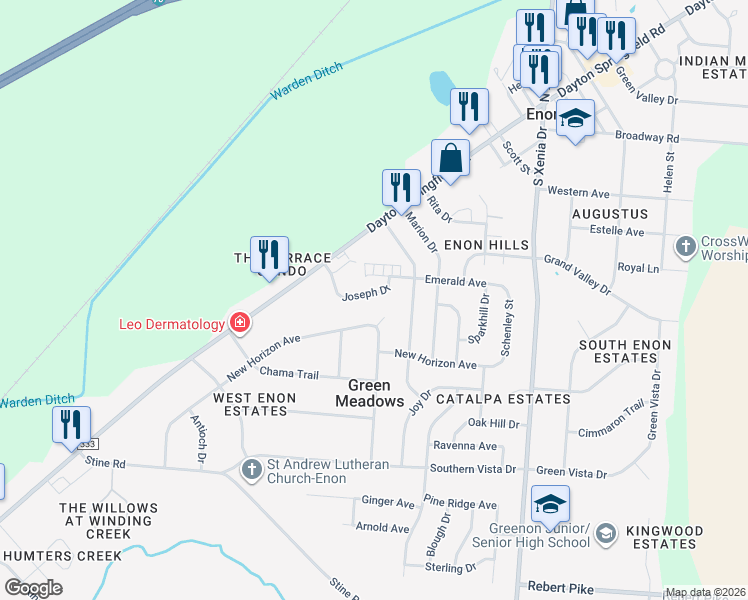 map of restaurants, bars, coffee shops, grocery stores, and more near 6892 New Horizon Ave in Enon