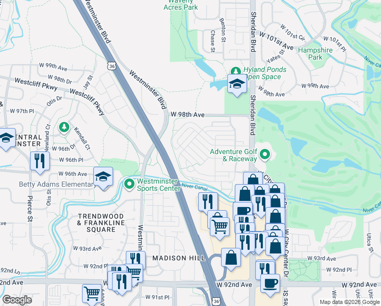 map of restaurants, bars, coffee shops, grocery stores, and more near 5632 West 96th Avenue in Westminster