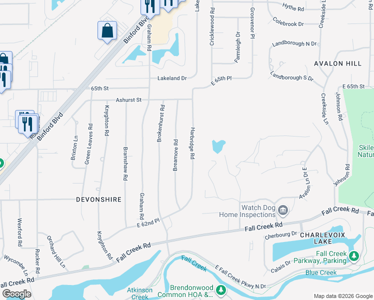map of restaurants, bars, coffee shops, grocery stores, and more near 6323 Breamore Road in Indianapolis