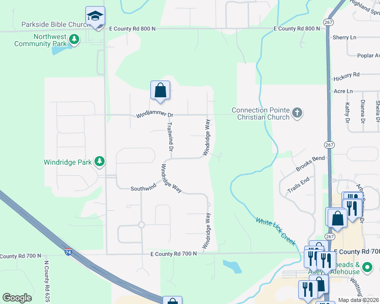 map of restaurants, bars, coffee shops, grocery stores, and more near 7422 Windridge Way in Brownsburg