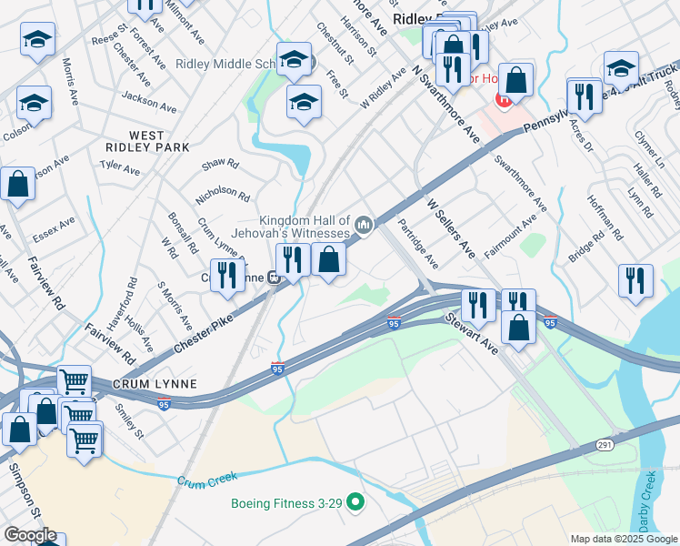map of restaurants, bars, coffee shops, grocery stores, and more near 10 Collier Circle in Ridley Park
