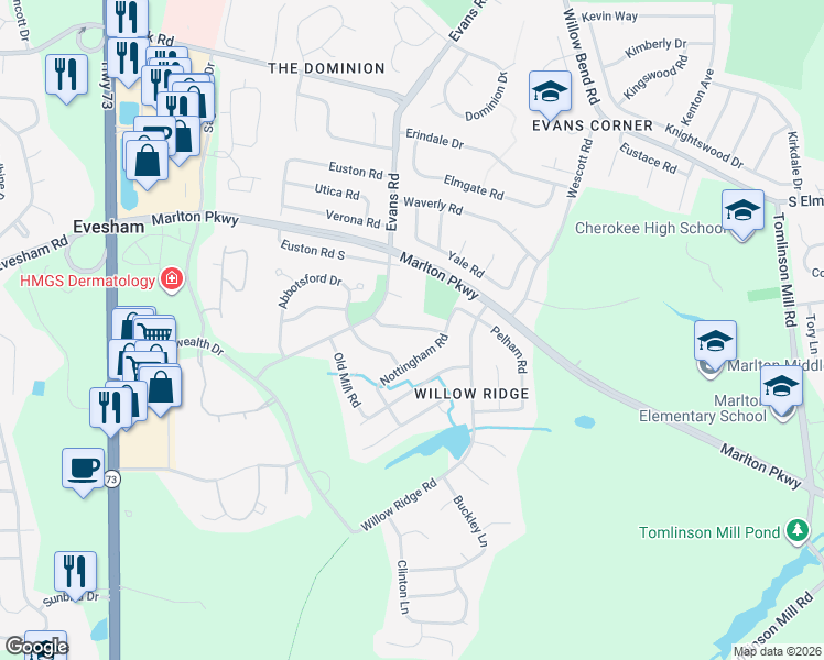 map of restaurants, bars, coffee shops, grocery stores, and more near 11 Nottingham Road in Evesham