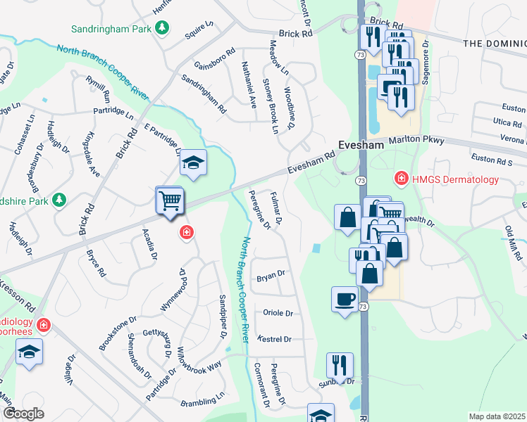 map of restaurants, bars, coffee shops, grocery stores, and more near 20 Peregrine Drive in Voorhees Township