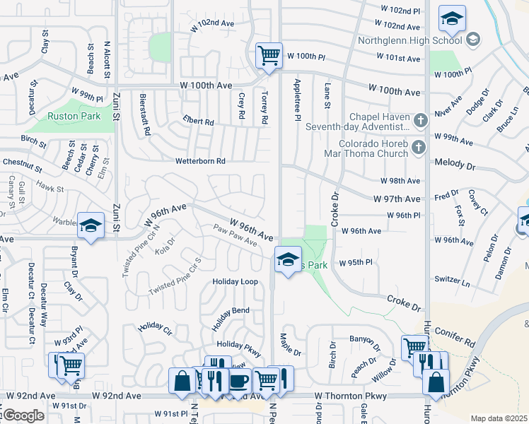 map of restaurants, bars, coffee shops, grocery stores, and more near 1730 Palm Tree Circle in Thornton