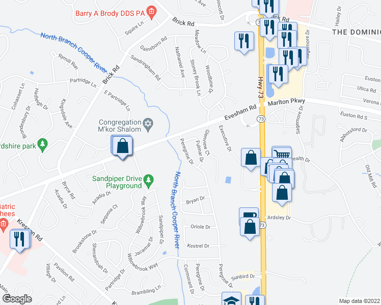 map of restaurants, bars, coffee shops, grocery stores, and more near 20 Peregrine Drive in Voorhees Township