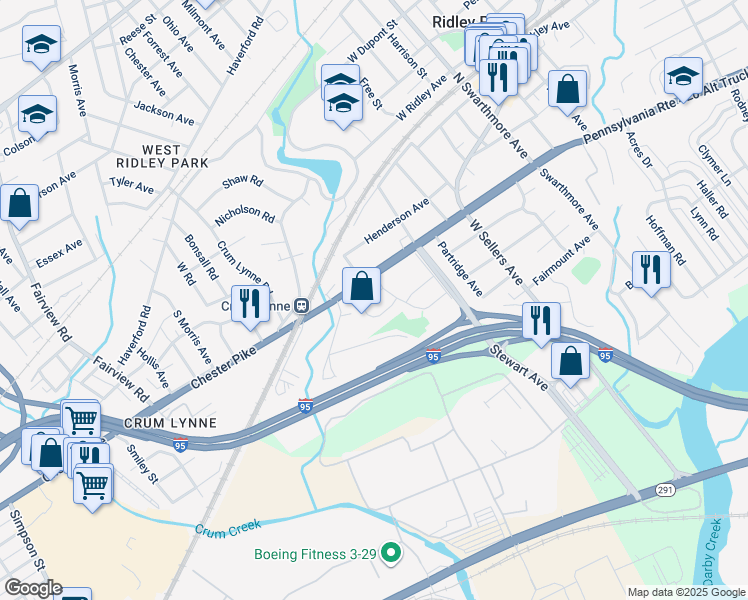 map of restaurants, bars, coffee shops, grocery stores, and more near 10 Collier Circle in Ridley Park