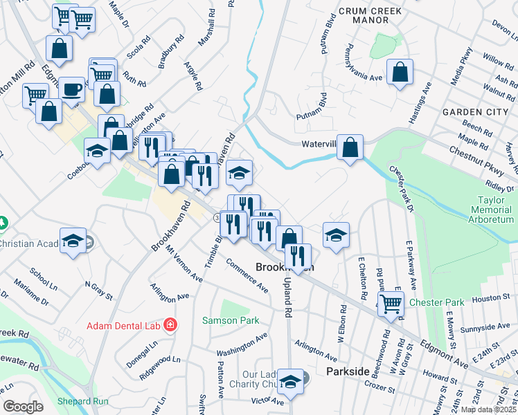map of restaurants, bars, coffee shops, grocery stores, and more near 3517 Edgmont Avenue in Brookhaven