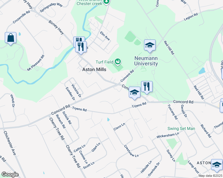 map of restaurants, bars, coffee shops, grocery stores, and more near 4111 Concord Road in Aston