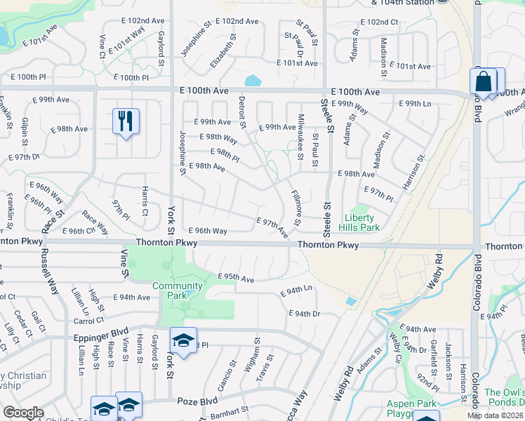 map of restaurants, bars, coffee shops, grocery stores, and more near 2754 East 97th Avenue in Thornton