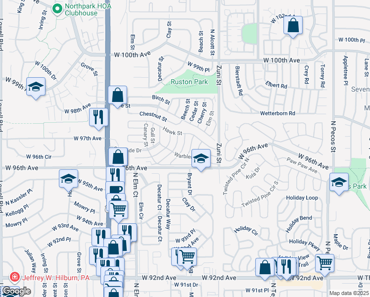 map of restaurants, bars, coffee shops, grocery stores, and more near 2750 Warbler Street in Denver