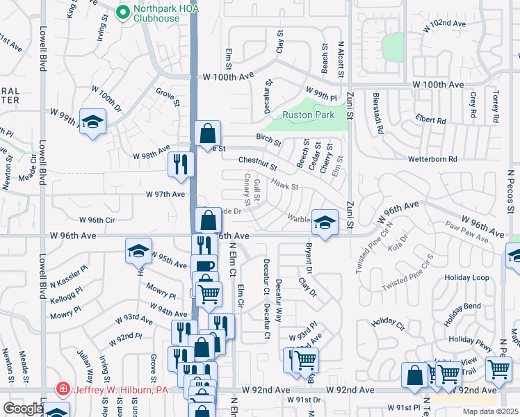 map of restaurants, bars, coffee shops, grocery stores, and more near 2860 Oriole Street in Denver