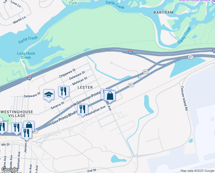 map of restaurants, bars, coffee shops, grocery stores, and more near 420 Governor Printz Boulevard in Tinicum Township