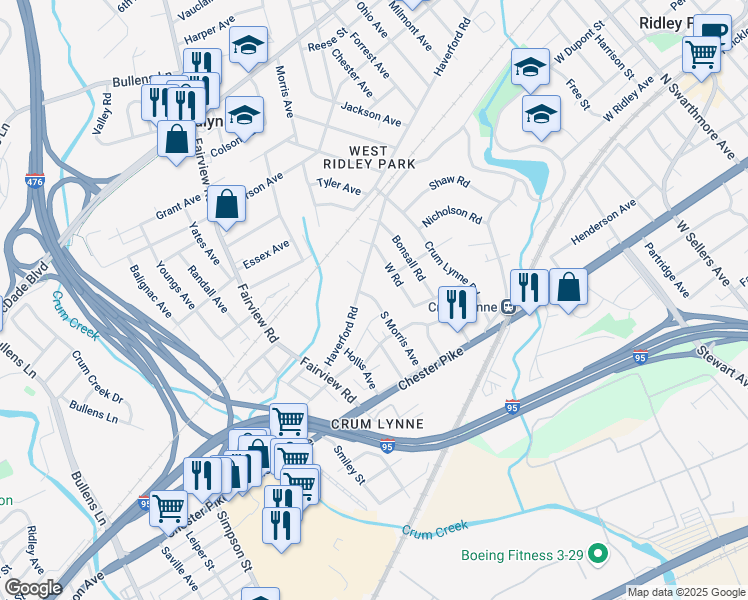 map of restaurants, bars, coffee shops, grocery stores, and more near 1134 Haverford Road in Crum Lynne