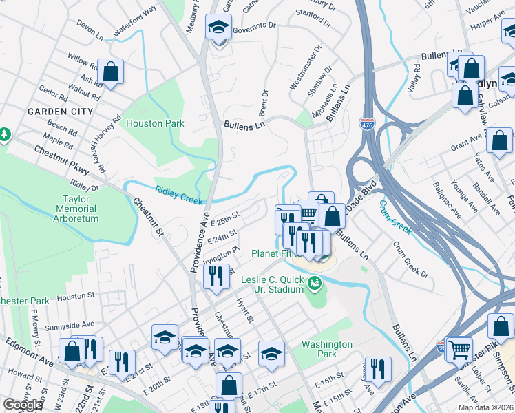 map of restaurants, bars, coffee shops, grocery stores, and more near 780 East 24th Street in Chester