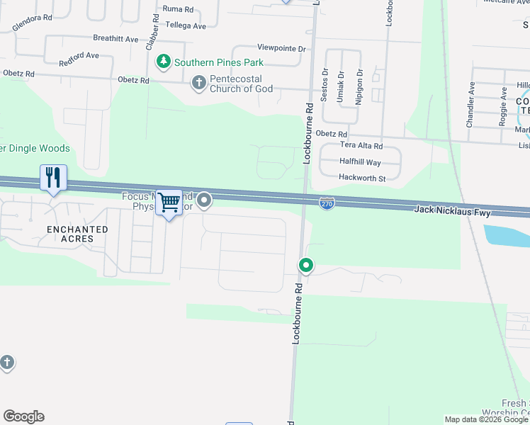 map of restaurants, bars, coffee shops, grocery stores, and more near Jack Nicklaus Freeway in Columbus