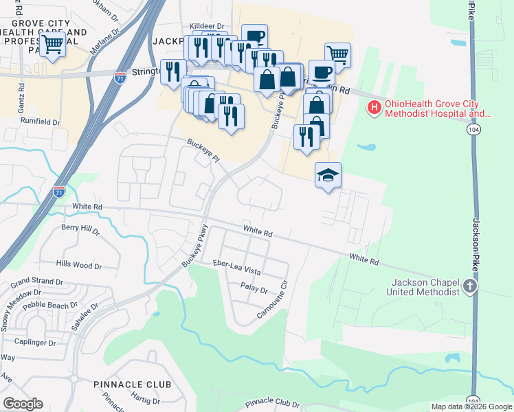 map of restaurants, bars, coffee shops, grocery stores, and more near 1417 Cascade Drive in Grove City