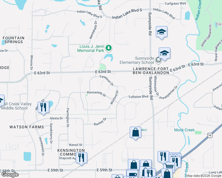 map of restaurants, bars, coffee shops, grocery stores, and more near 6236 Winford Drive in Indianapolis