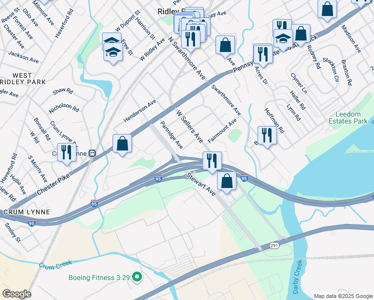 map of restaurants, bars, coffee shops, grocery stores, and more near 222 Baldwin Avenue in Ridley Park