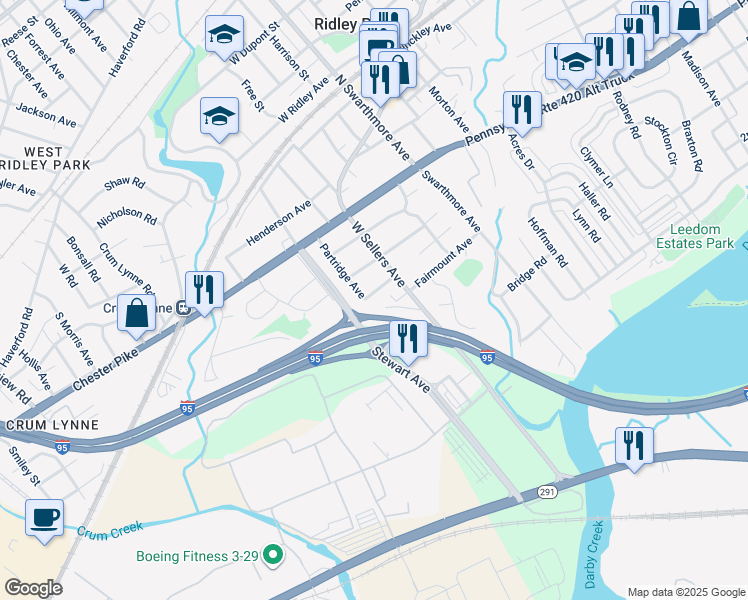 map of restaurants, bars, coffee shops, grocery stores, and more near 222 Baldwin Avenue in Ridley Park