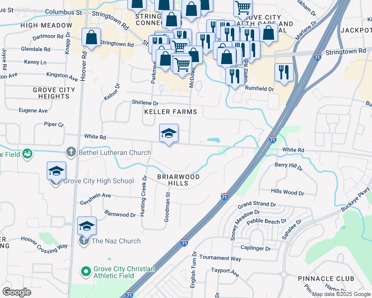 map of restaurants, bars, coffee shops, grocery stores, and more near 2626 Geyerwood Court in Grove City